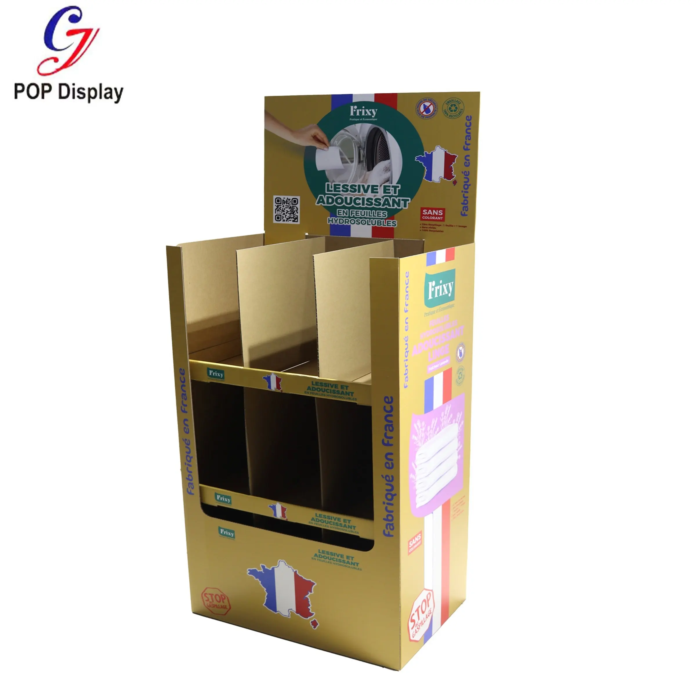 Estante de exhibición de productos de limpieza emergente impreso personalizado estante de cartón corrugado detergente para ropa soporte de exhibición de piso para el mercado