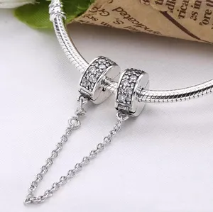 925 Sterling Silver Shining Elegance Clip Safety Chain With Clear Pave Cz Charm Fits European Jewelry Bead Bracelets