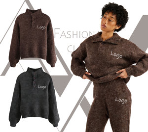Maglione da Donna in <span class=keywords><strong>Maglia</strong></span> con Bottoni, Mezza Placchetta, Collo Alto, Morbido e Soffice, Stile Maillard, Oversize - Product Image 1