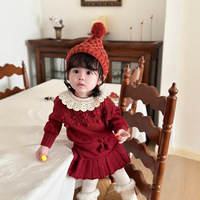 Ensemble deux pièces en acrylique au crochet fait main avec col ajouré pour bébés filles, pull à manches longues tricoté pour l'automne, l'hiver, Noël et le Nouvel An