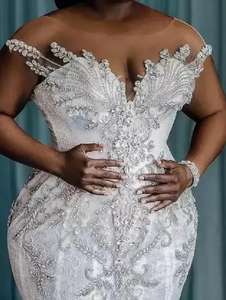 2023 Иллюзия полная Кружевная аппликация Хрустальное Бисероплетение рукава кепки часовник шлейф официальное Африканское арабское очаровательное свадебное платье русалки - Product Image 2