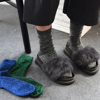Chaussettes Tube Brillantes Dorées Argentées à Motif Uni Élastique Élevé Style Femme en Soie