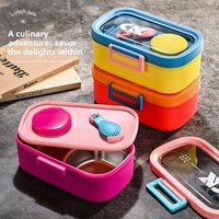 Boîte à lunch à double compartiment en acier inoxydable de style bande dessinée pour enfants et employés de bureau ; Boîte bento compatible micro-ondes avec tasse à soupe hermétique