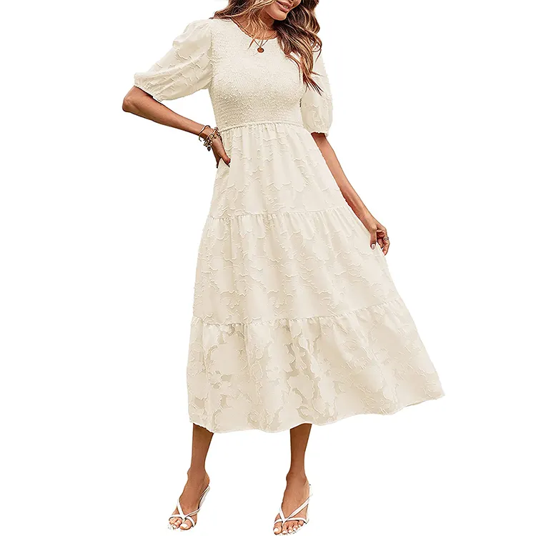 Fábrica OEM Custom verão feminino vestidos casuais de manga curta renda plissada elegante vestido branco longo
