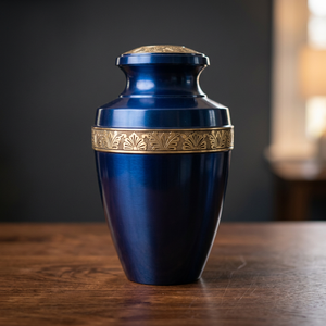 Urna Funeraria Europea de Latón Azul, Ecológica, Biodegradable, Hecha a Mano, para Cenizas Humanas o de Mascotas, con Capacidad de 220 Pulgadas Cúbicas - Product Image 1
