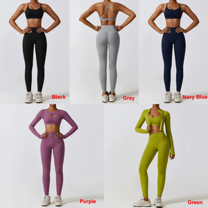 Venta caliente <span class=keywords><strong>Sexy</strong></span> Nude Yoga Wear Mujer <span class=keywords><strong>Ropa</strong></span> T8347 Gym <span class=keywords><strong>Fitness</strong></span> Sets Mujeres 4 piezas Chaqueta deportiva Sujetador Conjunto de manga larga y mallas - Product Image 5