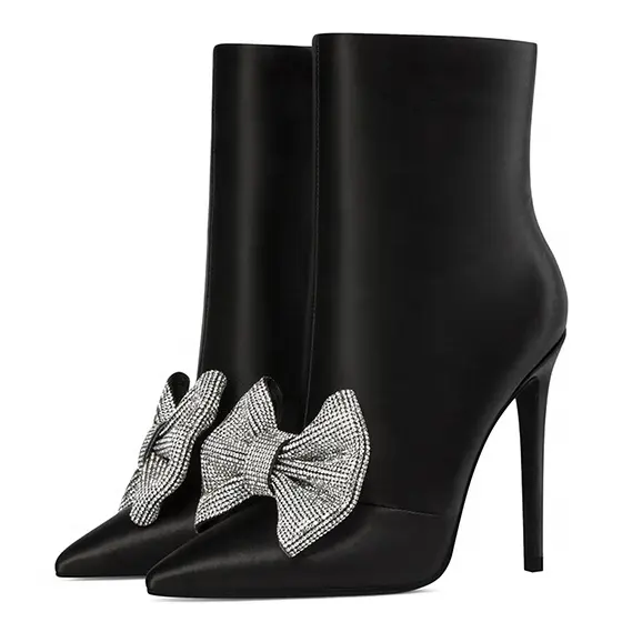 Bayanlar rhinestone yay sonbahar ve kış yeni stil kısa çizmeler avrupa ve amerikan moda siyah sivri burun stiletto çizmeler