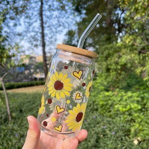 Lattina di vetro personalizzata veloce da 16oz con coperchio di bambù e paglia può modellare il vetro con Design floreale Boho per il succo di latte freddo al <span class=keywords><strong>caffè</strong></span> - Product Image 5