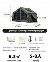 Tente de camping gonflable grande capacité 3-6 personnes, ouverture rapide, 6.3m, une porte, une chambre, grand hublot, imperméable et coupe-vent