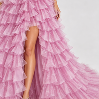 Robe de soirée rose à épaules dénudées ornée de diamants, haute couture, en tulle scintillant, à volants, pour le bal et les événements.