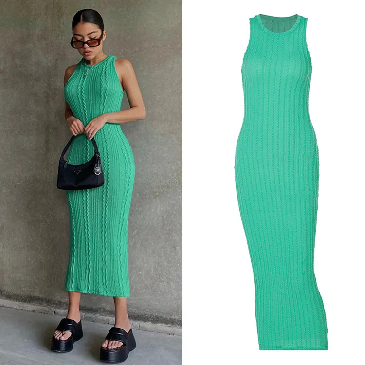 Hot Popular Fashionable Women Apparel Knit Basic Green Vestidos Sleeveless Casual Long Maxi Dresses Women