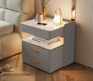 طاولة سرير ذكية حديثة رخيصة بالجملة مع شاحن لاسلكي LED ودرجين، طاولة جانبية ذكية - Product Image 4