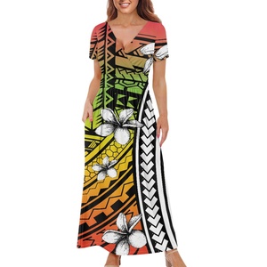 Vestido casual longo liso com decote em V profundo para mulheres, vestido tribal havaiano com estampa de fábrica, entrega rápida e solta