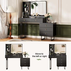 Coiffeuse noire moderne avec <span class=keywords><strong>miroir</strong></span> LED à commande tactile, 5 tiroirs et étagères de rangement, table de maquillage rétractable - Product Image 4