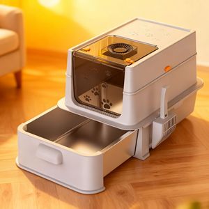 Bac à litière <span class=keywords><strong>pour</strong></span> <span class=keywords><strong>chat</strong></span> <span class=keywords><strong>XXL</strong></span> semi-fermé carré en métal et plastique, grande taille, facile à nettoyer, détachable, surélevé et approfondi - Product Image 1