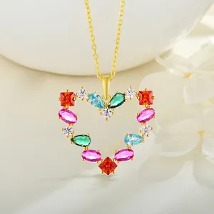 14K 18K Gold Plated Vermeil Jewelry Custom Pendant Necklace Colorful Zirconia OEM ODM 925 Silver Heart Charm For Women Jewelry