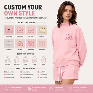 Conjunto de Sudadera de Cuello Alto de Felpa Rosa para Mujer, Marca XH, Corte Holgado, Informal, para Todas las Temporadas, Conjunto de Dos Piezas con Pantalones Cortos - Product Image 3
