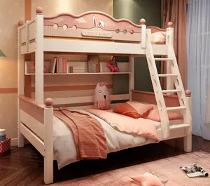 لطيف تصميم المنزل الأطفال طاقم غرفة نوم مصنع تبيع رخيصة الثمن خشبية الوردي اللون سرير بطابقين لفتاة