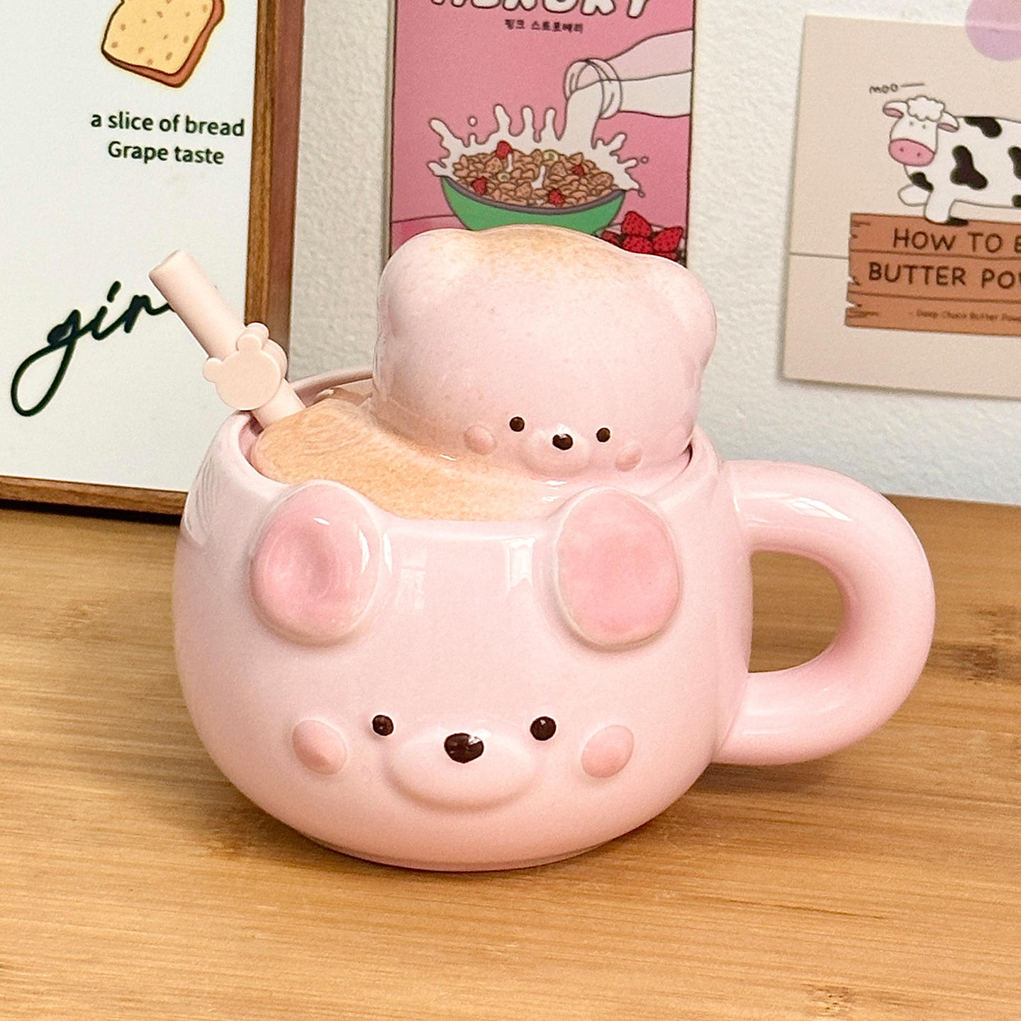 [ฝาซิลิโคนและหลอดดูด] แก้วอาหารเช้าลายหมี - สีชมพู