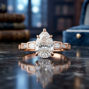 Bague de fiançailles en or rose avec diamant taille poire pour femme, bague de mariage ou d'anniversaire avec bande baguette - Product Image 1