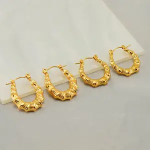 Diskon besar anting-anting bambu 18K berlapis emas baja tahan karat perhiasan untuk wanita