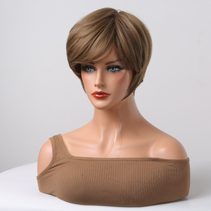 Marrón para Ombre Short Pixie Bob <span class=keywords><strong>Peluca</strong></span> sintética con capas naturales Flequillo Fibra de alta temperatura Hombres Mujeres Estilo Yaki Foto <span class=keywords><strong>real</strong></span> - Product Image 4