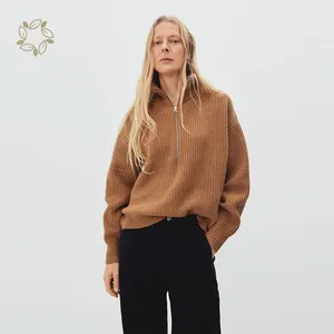 Sustainable sweater with zipper 100% wool merino half-zip sweater eco friendly rib knit sweaters