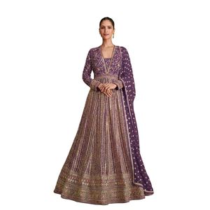Elegant Women's Purple Embroidered Anarkali Salwar Kameez Lehenga Set Full Length V-Neck <b>Top</b> with Dupatta Patterned Dress - Product Image 1