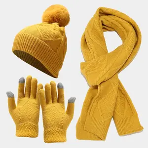 Gorros de POM de punto con forro polar para mujer, gorro de invierno, conjunto de bufanda y guantes