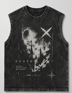 Camiseta sin mangas vintage negra lavada para <span class=keywords><strong>hombre</strong></span>, cuello redondo, estilo musculoso, con estampado gráfico personalizado Dark Castle Eclipse, estilo gótico punk streetwear - Product Image 1