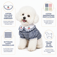 Robe personnalisée pour chien à carreaux vichy avec broderie cerise, vêtements pour animaux de compagnie smockés, col festonné, volants, vêtements pour chiots et chats, vente en gros OEM