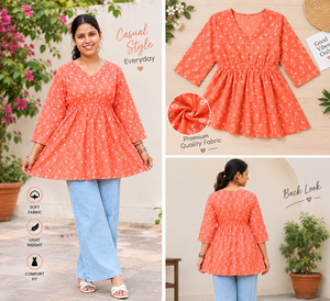 Women <b>Coral</b> Square Collar Long Sleeve Natural Waist A-Line Woven Midi Casual Ethnic Printed Cotton Kurti Tunic <b>Top</b> - Product Image 2
