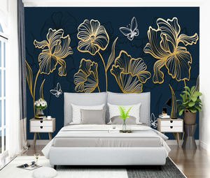 Mural de Pared Floral Dorado de Lujo, Diseño de Líneas en Relieve, Papel Tapiz <span class=keywords><strong>Azul</strong></span> Marino, Papel Tapiz 3D para el Hogar - Product Image 4