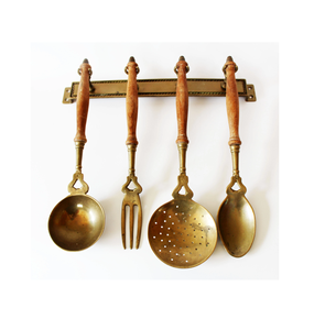 Cuillère à soupe en laiton design élégant avec manche en bois cuillère dorée en laiton 5 pièces ustensiles couverts vaisselle ensembles top vente - Product Image 3