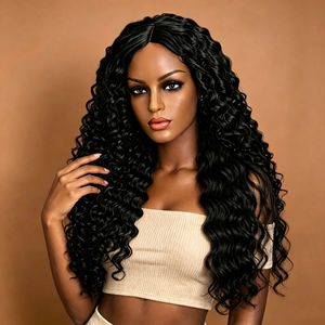 Perruque Lace Front Longue Bouclée Style Afro-Américain, Petites Boucles Tubulaires Bombées, Cheveux Synthétiques <span class=keywords><strong>Haute</strong></span> <span class=keywords><strong>Température</strong></span> - Product Image 1