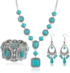 Hifive Round Rhombus Turkish Fashion Indian Bohemian Turquoise Jewelry Sets For Women Necklaces Earrings Bracelets Bangles