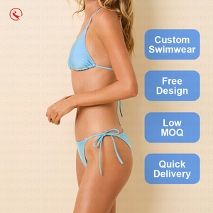 Custom Blue <b>Two</b> <b>Piece</b> Bikini <b>Set</b> Halter Lace Up Swimwear Solid Color Spandex Nylon Quick Dry Regular Fit - Product Image 1