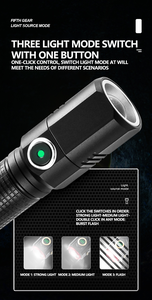 Lampe torche tactique en alliage d'aluminium, mini lampe torche LED rechargeable par USB, portable, durable, éclairage extérieur pour le camping et la randonnée - Product Image 5
