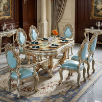 Ensemble de table à manger rectangulaire de luxe européen en bois massif sculpté avec chaises en cuir PU bleu doré à l'argent, mobilier de salle à manger en gros