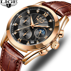 Montres LIGE LG8912 personnalisées, cuir marron, 3 sous-cadrans, calendrier professionnel, quartz, étanche, sport, montres-bracelets pour hommes - Product Image 2