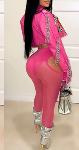 جاكيت جلد وردي وردي للنساء فاتح معطف موتو سلسلة طية صدر مرقع جواكيت قصيرة للفتيات الرائجة ملابس خروج خريفية وشتوية - Product Image 4