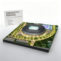 Maquette d'architecture de stade ovale de grande taille avec toit en diamant foncé, ouverture centrale verte, structure annulaire, éclairage