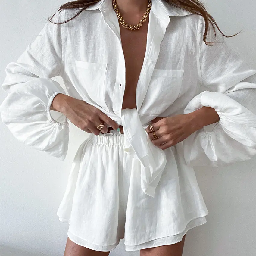 Women Falx Linen Cotton Gauze Collar Plain White Button Down Pants And Shirts Blouse Women 2022