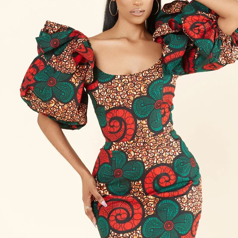 Digital printing women's sexy lotus leaf Lantern Sleeve sexy shoulder bag hip skirt African dress