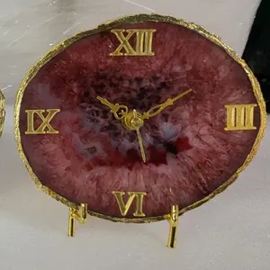 Jam meja Analog batu akik coklat alami terlaris ukuran 6 "dengan batu warna kustom untuk ruang tamu mewah Anda