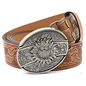 Cinturón de Cuero Genuino para Hombre, Hebilla Plateada con Diseño de Girasol Grabado, Estilo Vintage, Tendencias Individualistas, Duradero - Product Image 1