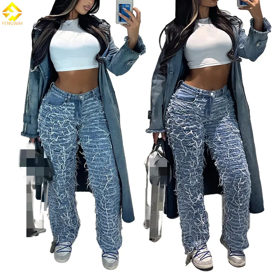 2024 femmes taille haute Vintage jean Sexy Y2k Streetwear décontracté droit gland frange Stretch Denim pantalon