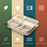 Boîte à lunch rectangulaire en bagasse de canne à sucre à 5 compartiments pour une alimentation saine, récipient alimentaire divisé avec couvercle, capacité de 1000 ml pour bento