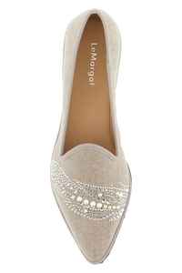 Hot Selling Designer Lemargot Sophie Beige Canvas Ballerinas Flat Shoes Pearls and Crystals Details on the <b>Toe</b> <b>Cap</b> - Product Image 3