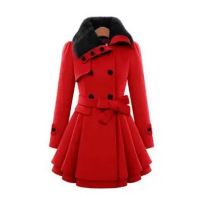 Queena Women Wool Coat Vintage England Woolen Blends Thin Winter Warm Plus Size Overcoats Faux Fur Collar Fashion Coats